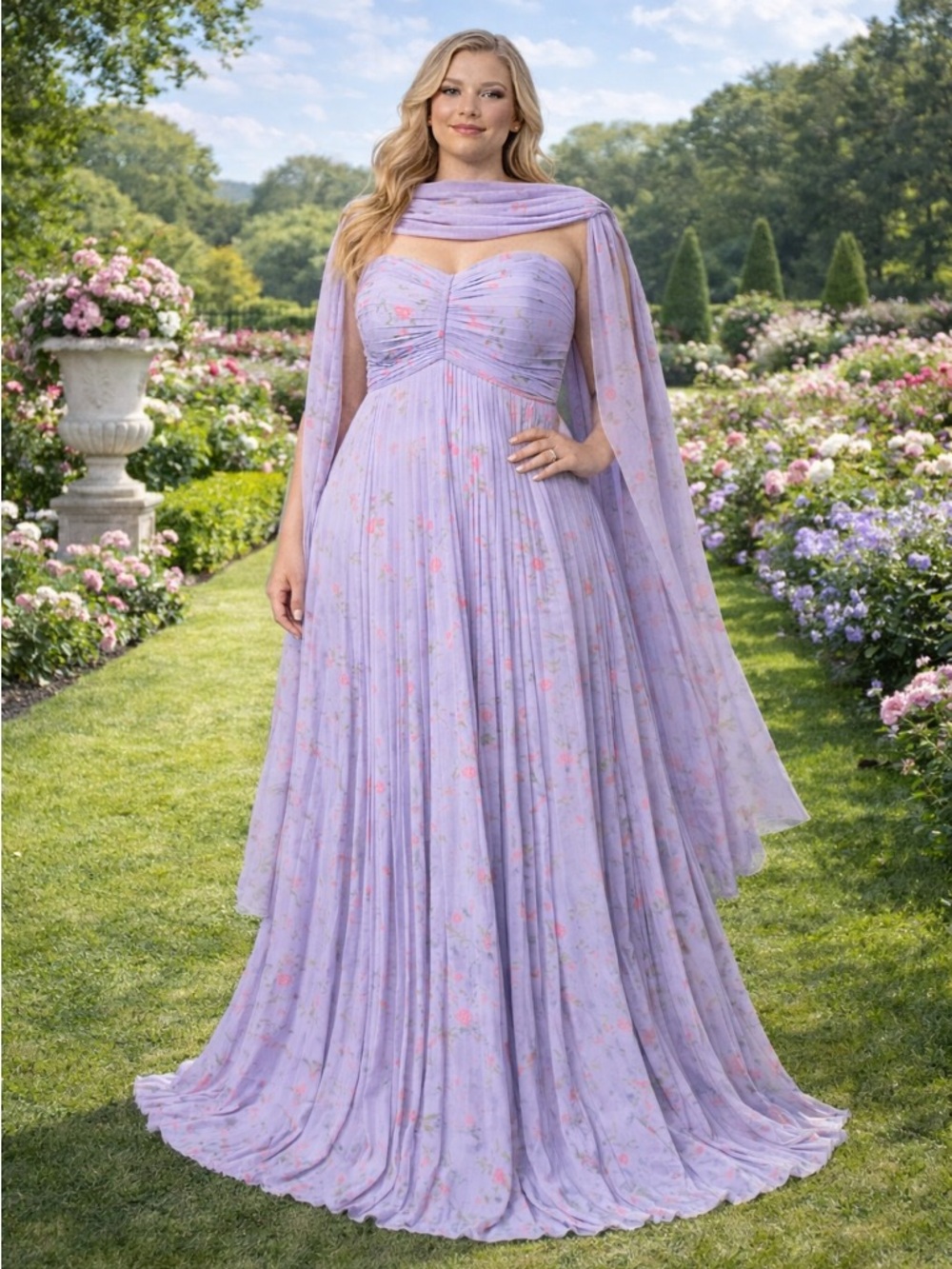 #37 Lavender Floral Print strapless look prom dress-1X/Size 16W